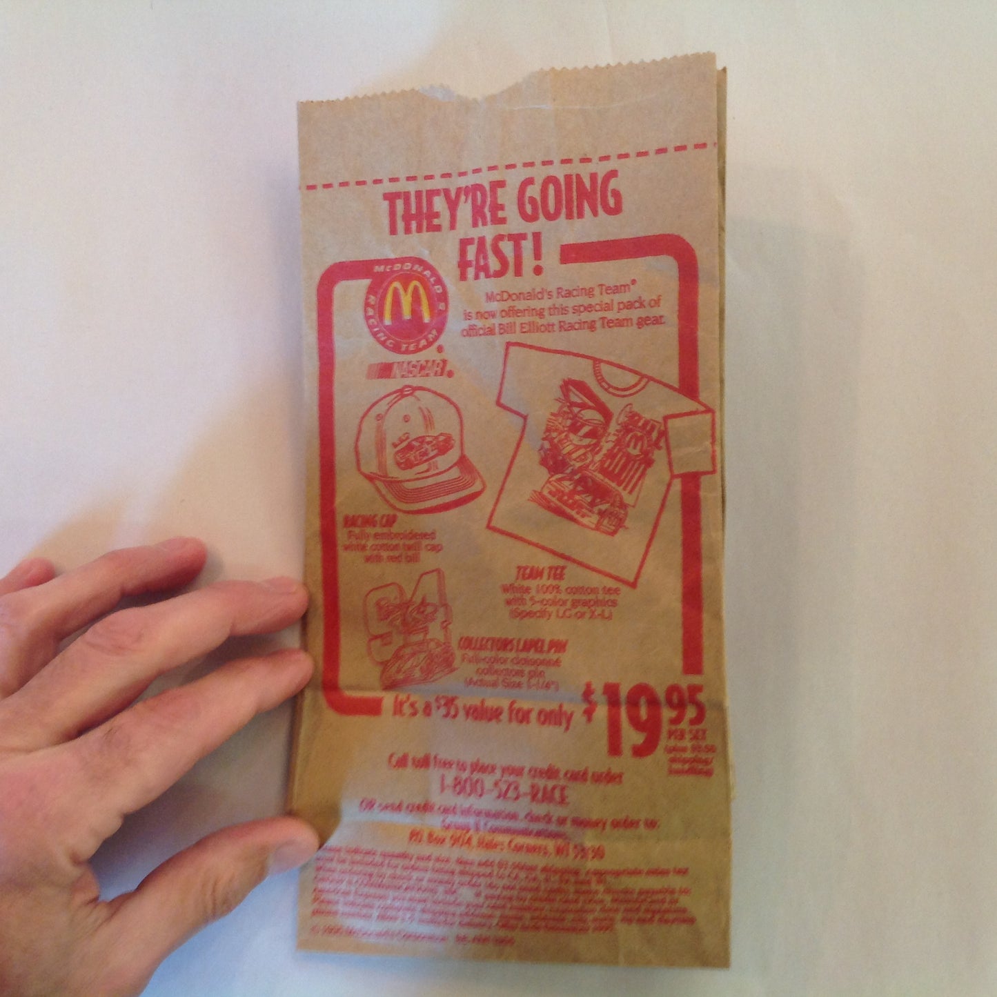 Vintage 1995 McDonald's Bill Elliott Racing Team Gear NASCAR 94 Paper Meal Bag