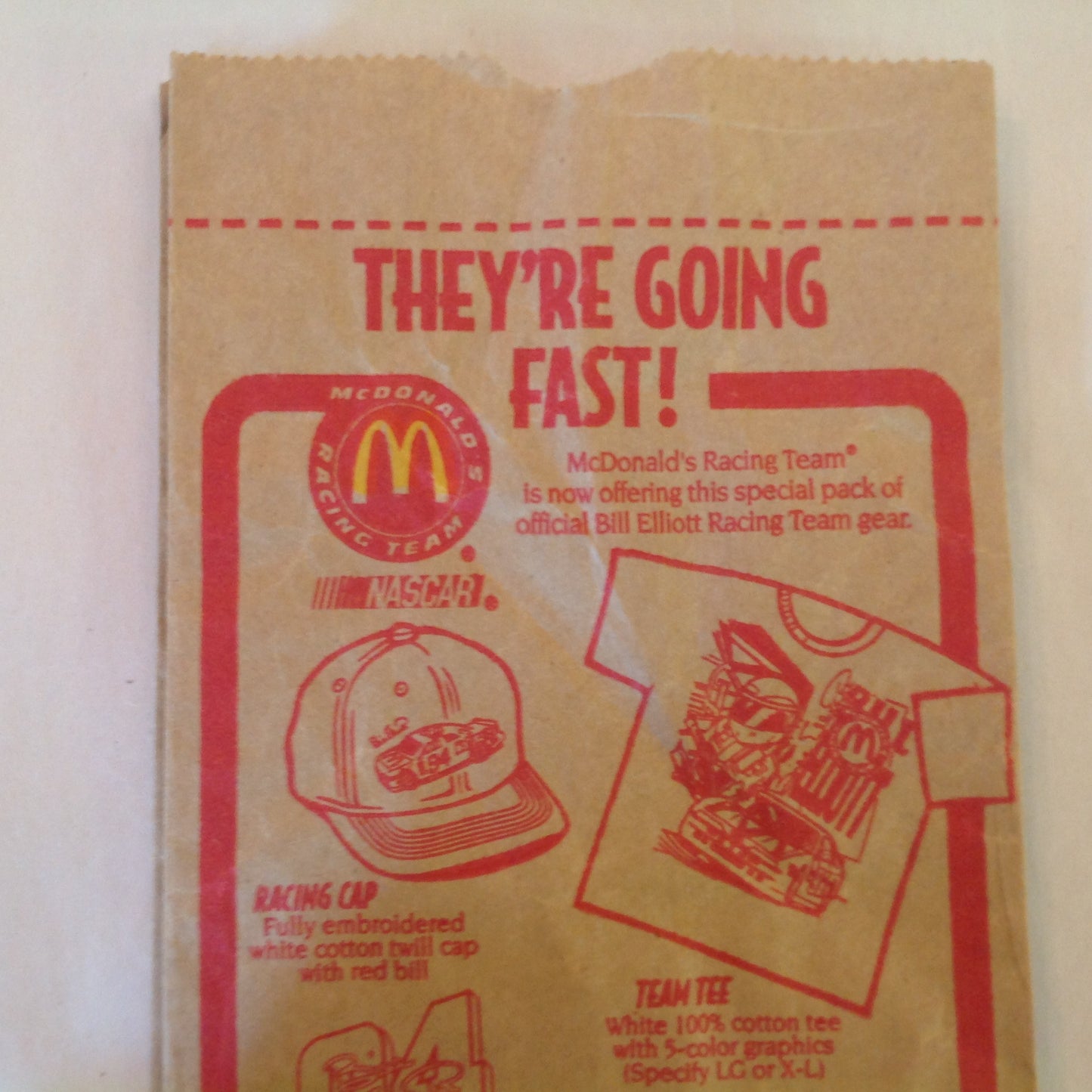 Vintage 1995 McDonald's Bill Elliott Racing Team Gear NASCAR 94 Paper Meal Bag