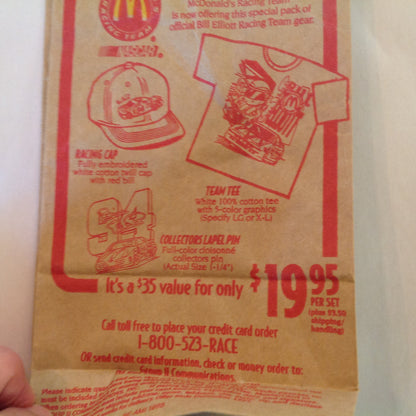 Vintage 1995 McDonald's Bill Elliott Racing Team Gear NASCAR 94 Paper Meal Bag