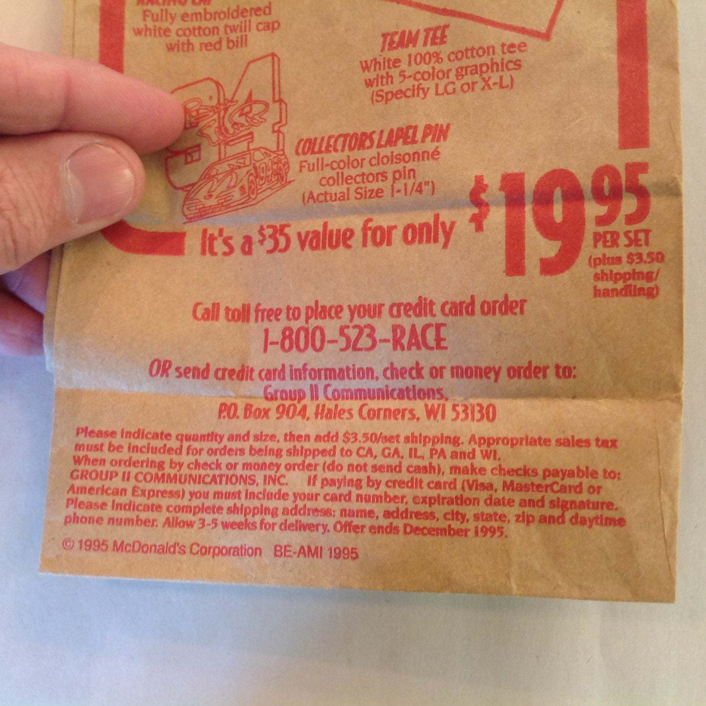 Vintage 1995 McDonald's Bill Elliott Racing Team Gear NASCAR 94 Paper Meal Bag