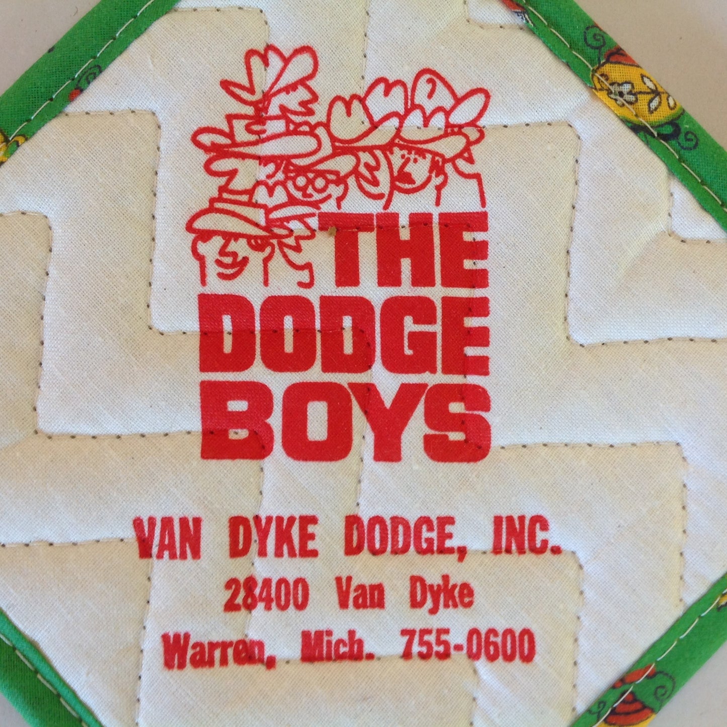 Vtg The Dodge Boys Pot Holder Hot Pad Van Dyke Dodge NOS Unused Green Detroit MI