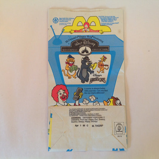 Vintage 1996 McDonald's Disney Home Video Happy Meal Bag Aristocats Snow White