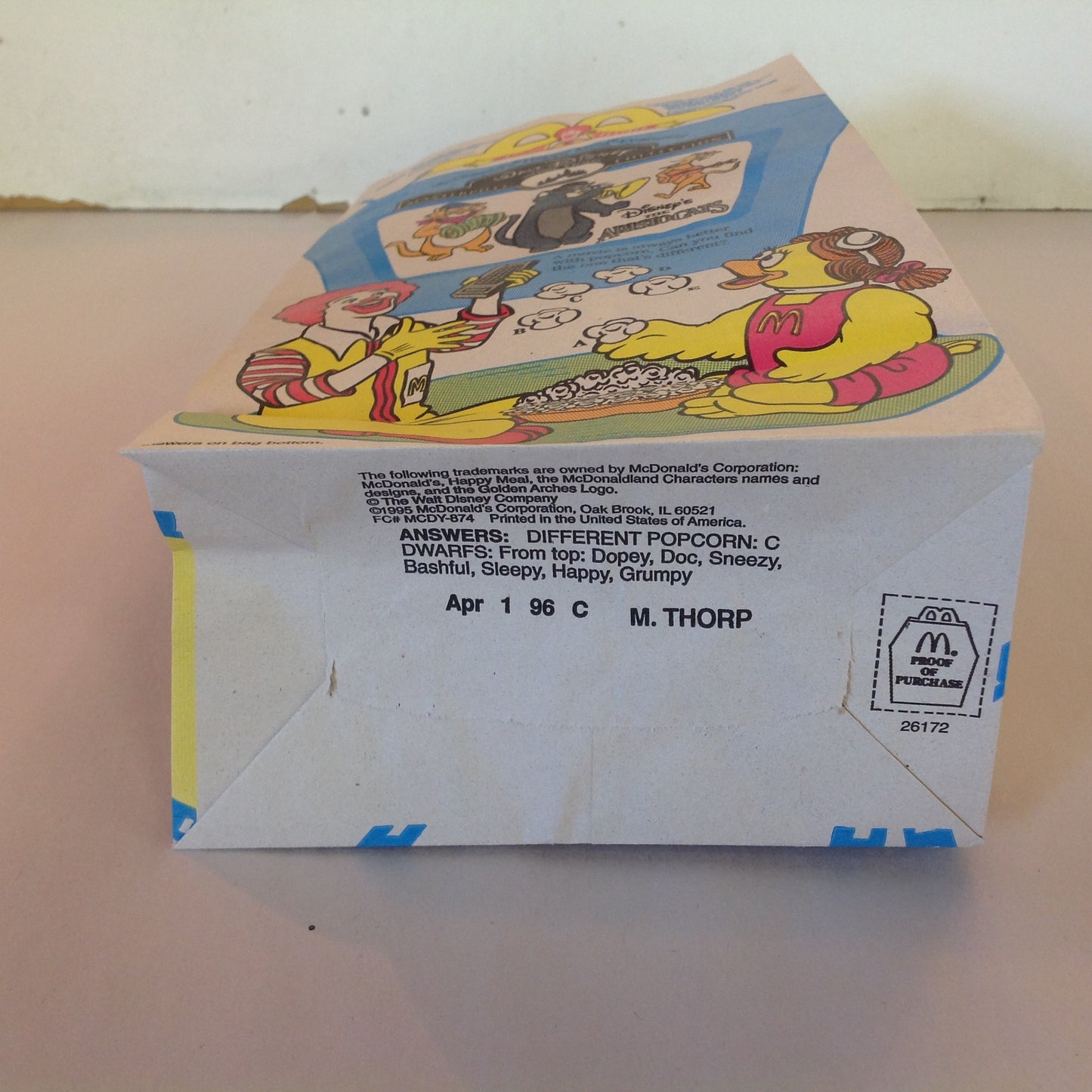 Vintage 1996 McDonald's Disney Home Video Happy Meal Bag Aristocats Snow White