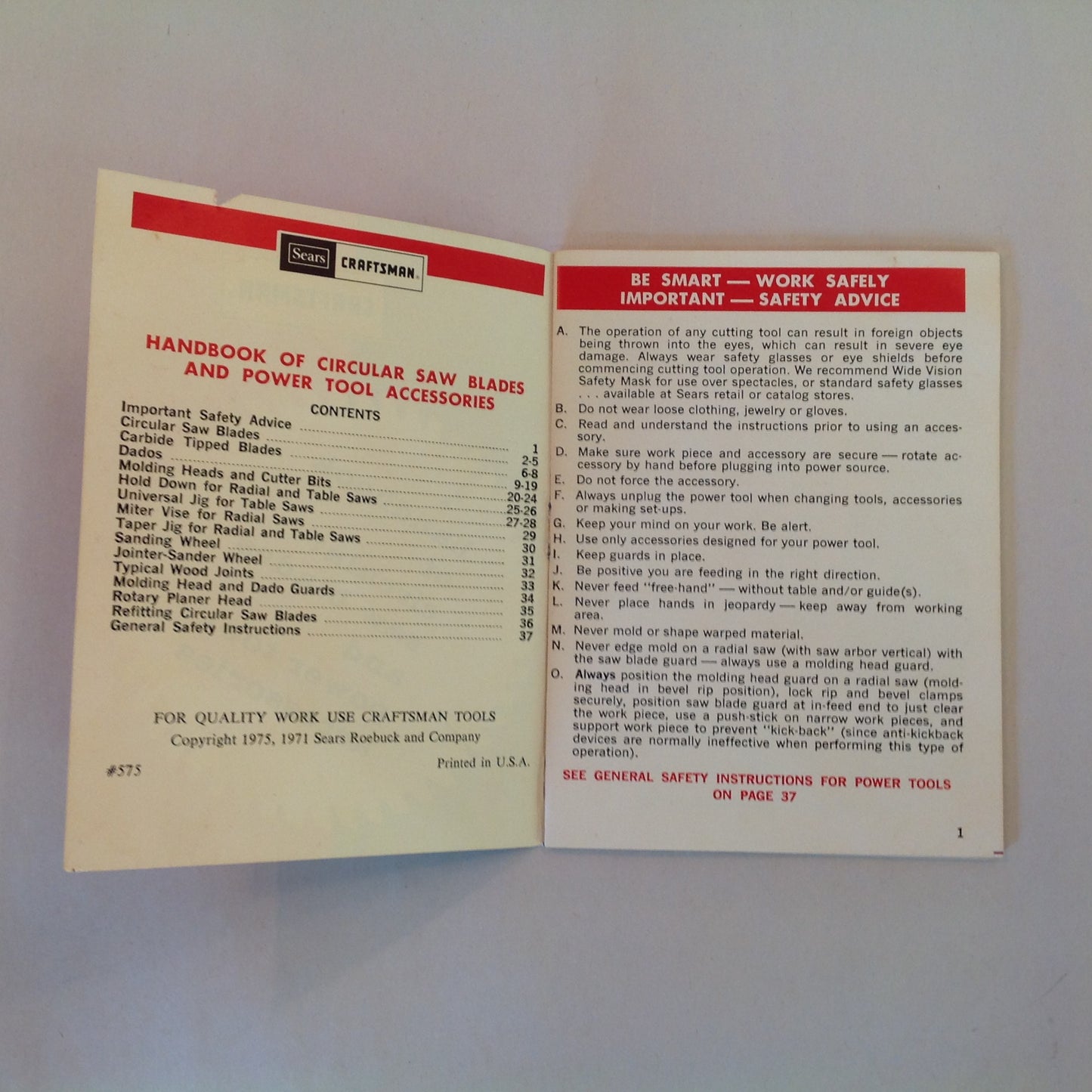 Vintage 1975 Sears Craftsman Handbook of Circular Saw Blade &Power Tool Accessories