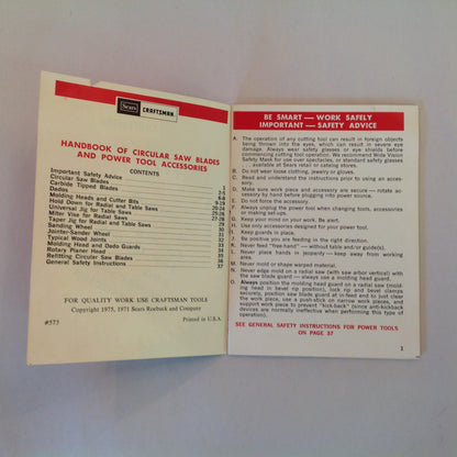 Vintage 1975 Sears Craftsman Handbook of Circular Saw Blade &Power Tool Accessories