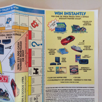 Vintage 1995 McDonald's Monopoly 60th Anniversary Game Board Rules Coupons