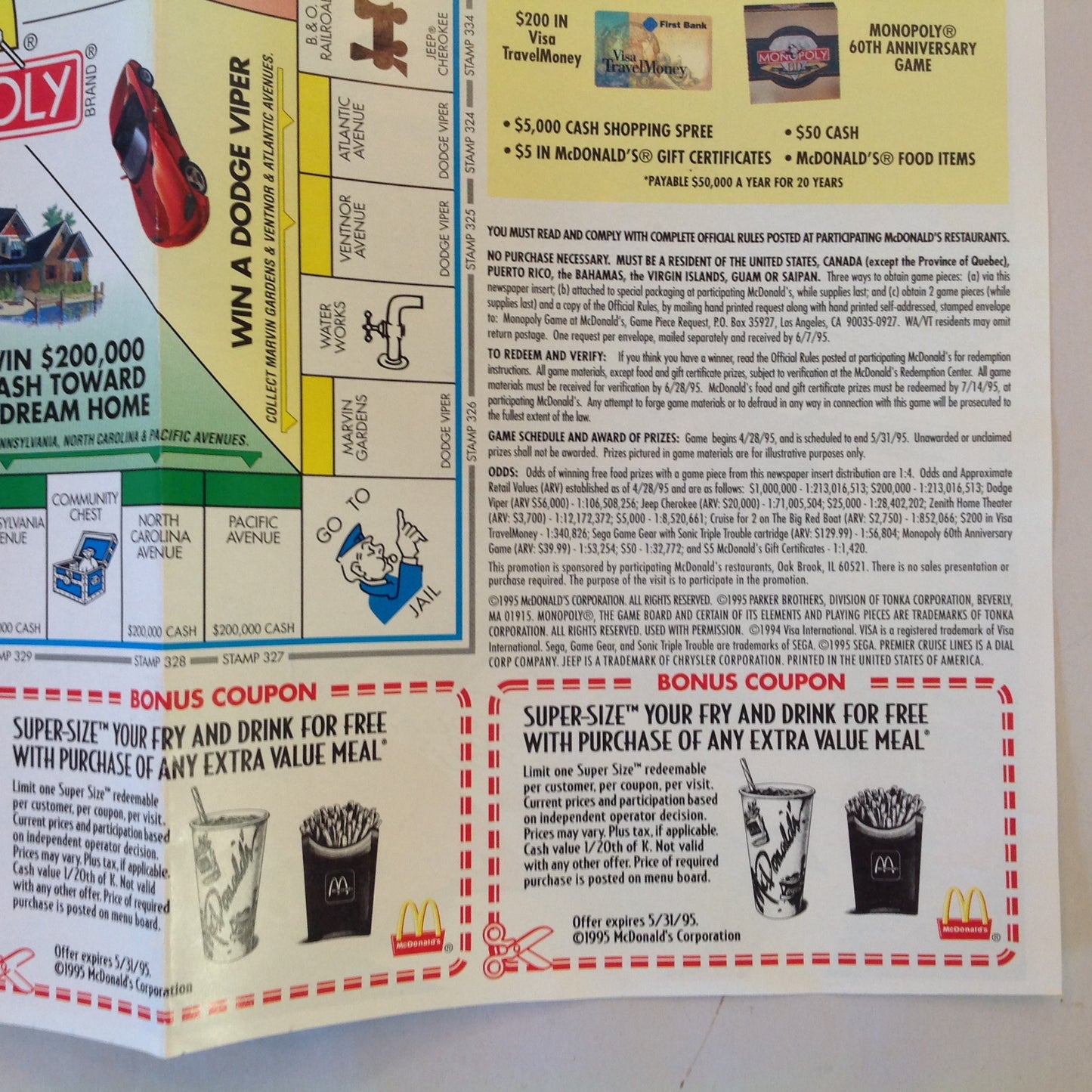 Vintage 1995 McDonald's Monopoly 60th Anniversary Game Board Rules Coupons