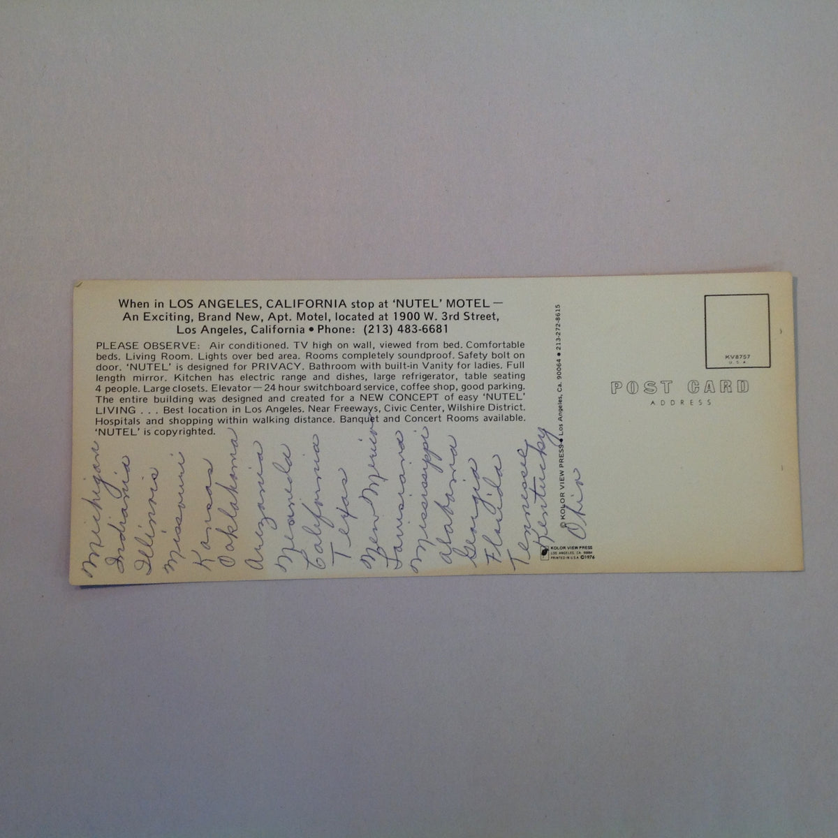 Vintage Souvenir Elongated Postcard Nutel Motel Apartments Los Angeles CA Rooms