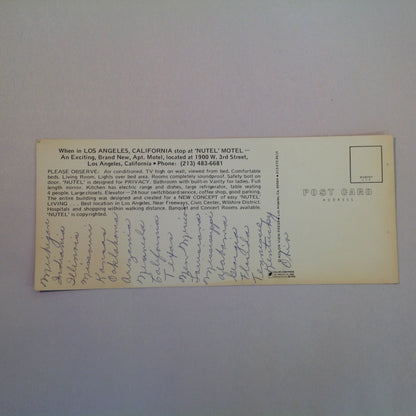 Vintage Souvenir Elongated Postcard Nutel Motel Apartments Los Angeles CA Rooms