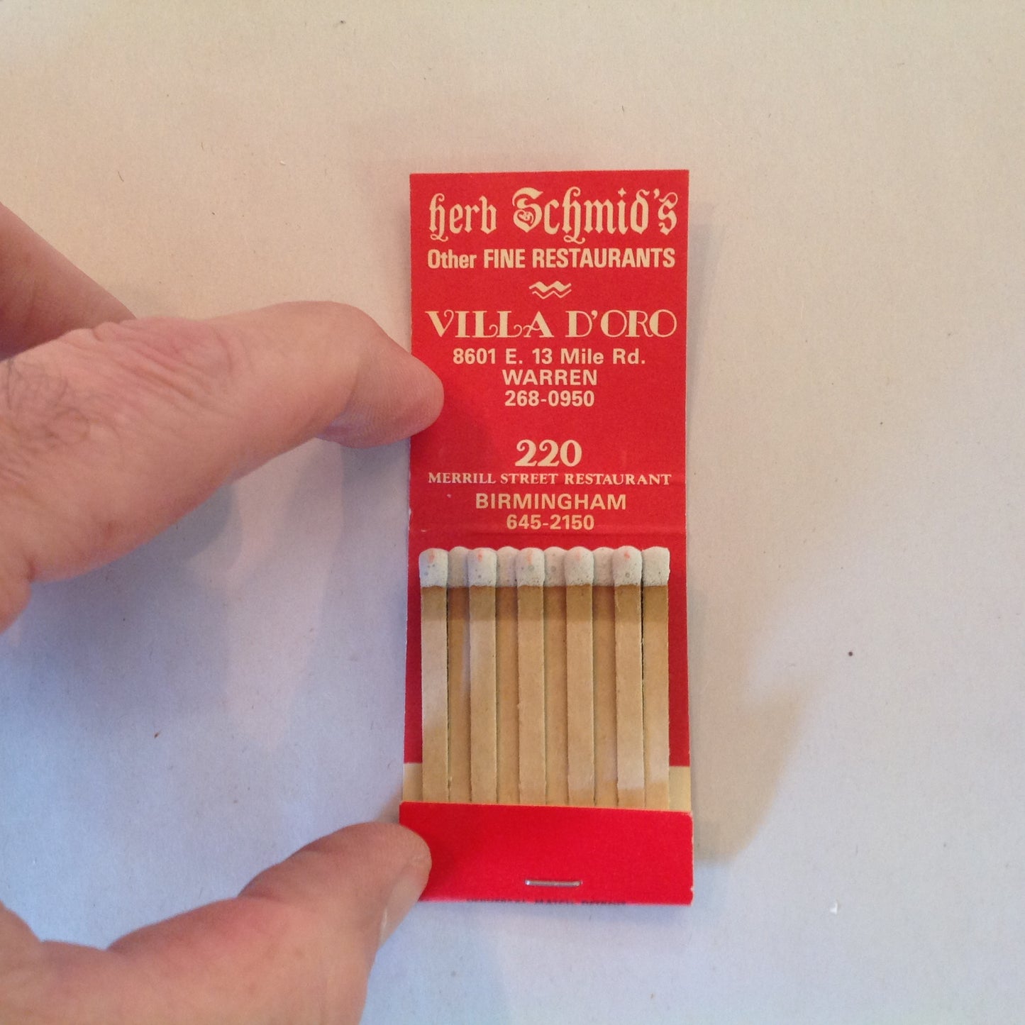 Vintage Souvenir Matchbook The Schmid Haus Warren MI Herb's Other Fine Restaurants