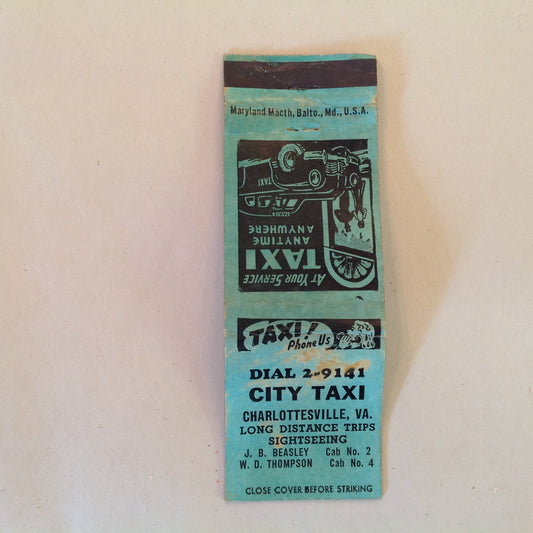 Vintage Matchbook Cover City Taxi Charlottesville VA Long Distance Sightseeing