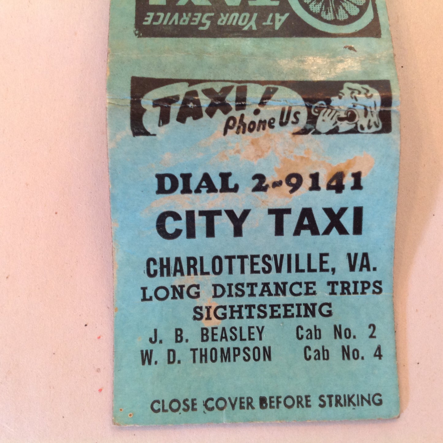 Vintage Matchbook Cover City Taxi Charlottesville VA Long Distance Sightseeing