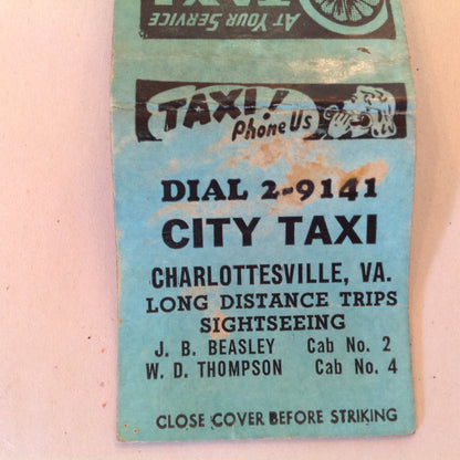 Vintage Matchbook Cover City Taxi Charlottesville VA Long Distance Sightseeing