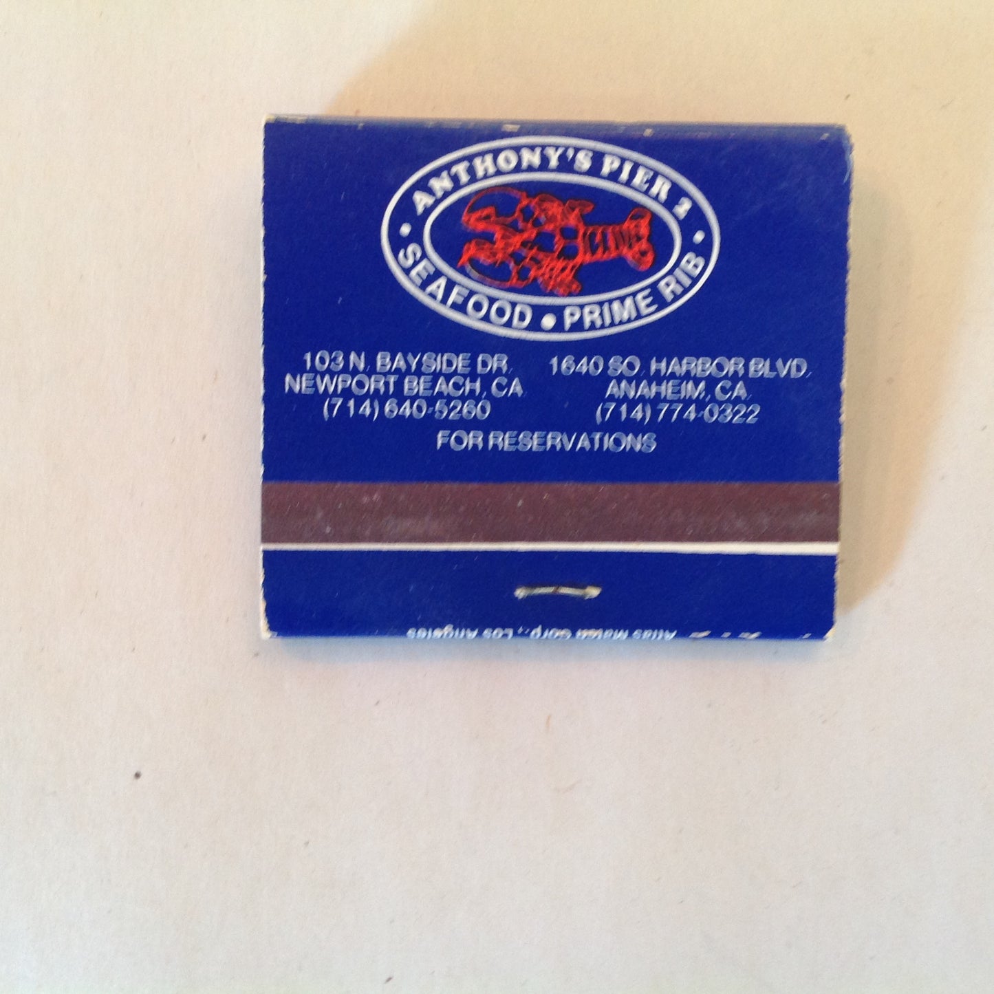 Vintage Souvenir Matchbook World Famous Anthony's Pier 2 Seafood Prime Rib CA