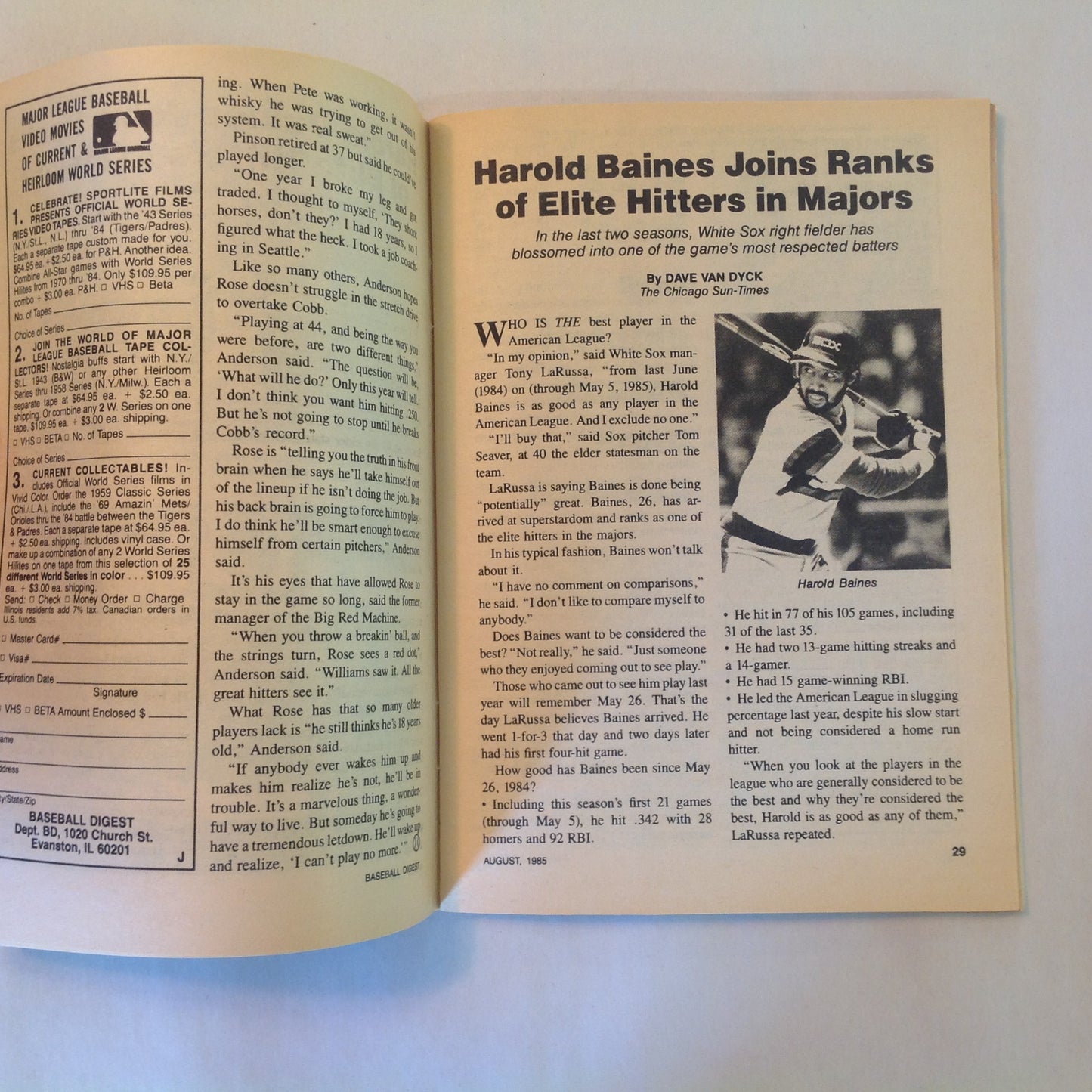 Vintage Aug 1985 Baseball Digest Magazine Pete Rose: Desire Keeps Him on Target