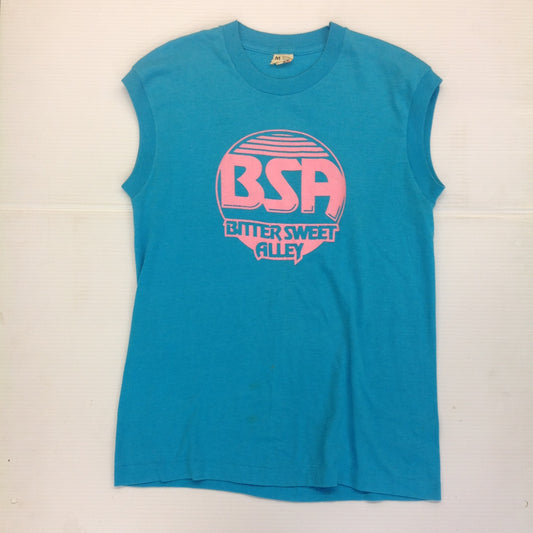 Vintage 1980's Screen Stars Medium Sleeveless T-Shirt Turquoise Pink BSA Bitter Sweet Alley Band