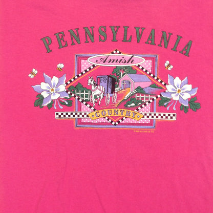 Vintage 1996 Wild West Shirt Co Souvenir Hot Pink Large T-Shirt Pennsylvania Amish Country Covered Bridge Horse and Buggy