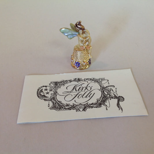 Vintage Kirks Folly Goldtone Enamel Fairy Topped Thimble Violets and Dragonfly with Booklet and Box