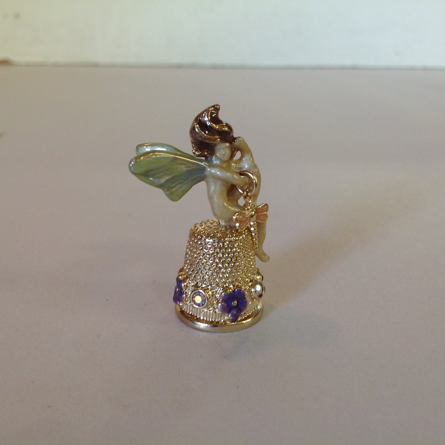 Vintage Kirks Folly Goldtone Enamel Fairy Topped Thimble Violets and Dragonfly with Booklet and Box