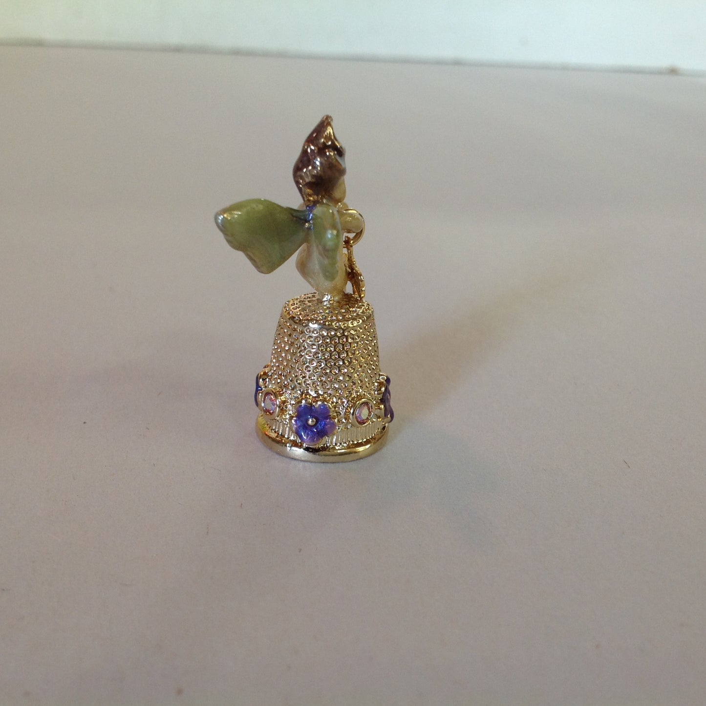 Vintage Kirks Folly Goldtone Enamel Fairy Topped Thimble Violets and Dragonfly with Booklet and Box