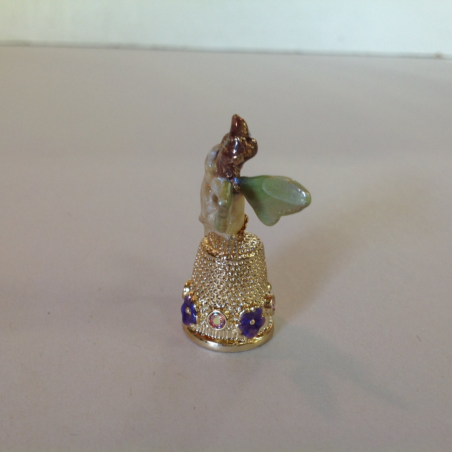 Vintage Kirks Folly Goldtone Enamel Fairy Topped Thimble Violets and Dragonfly with Booklet and Box