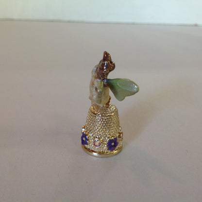 Vintage Kirks Folly Goldtone Enamel Fairy Topped Thimble Violets and Dragonfly with Booklet and Box