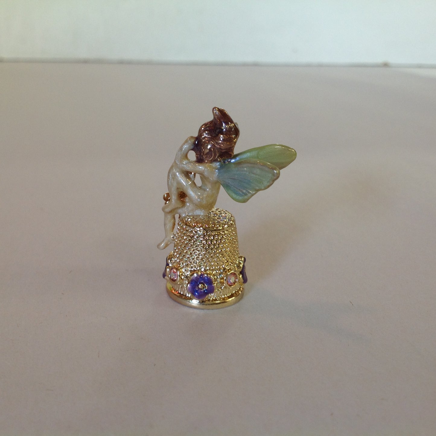 Vintage Kirks Folly Goldtone Enamel Fairy Topped Thimble Violets and Dragonfly with Booklet and Box