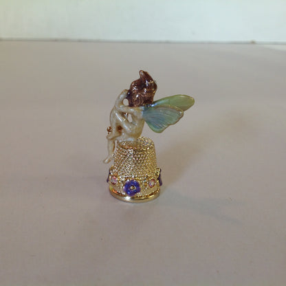 Vintage Kirks Folly Goldtone Enamel Fairy Topped Thimble Violets and Dragonfly with Booklet and Box