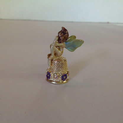 Vintage Kirks Folly Goldtone Enamel Fairy Topped Thimble Violets and Dragonfly with Booklet and Box