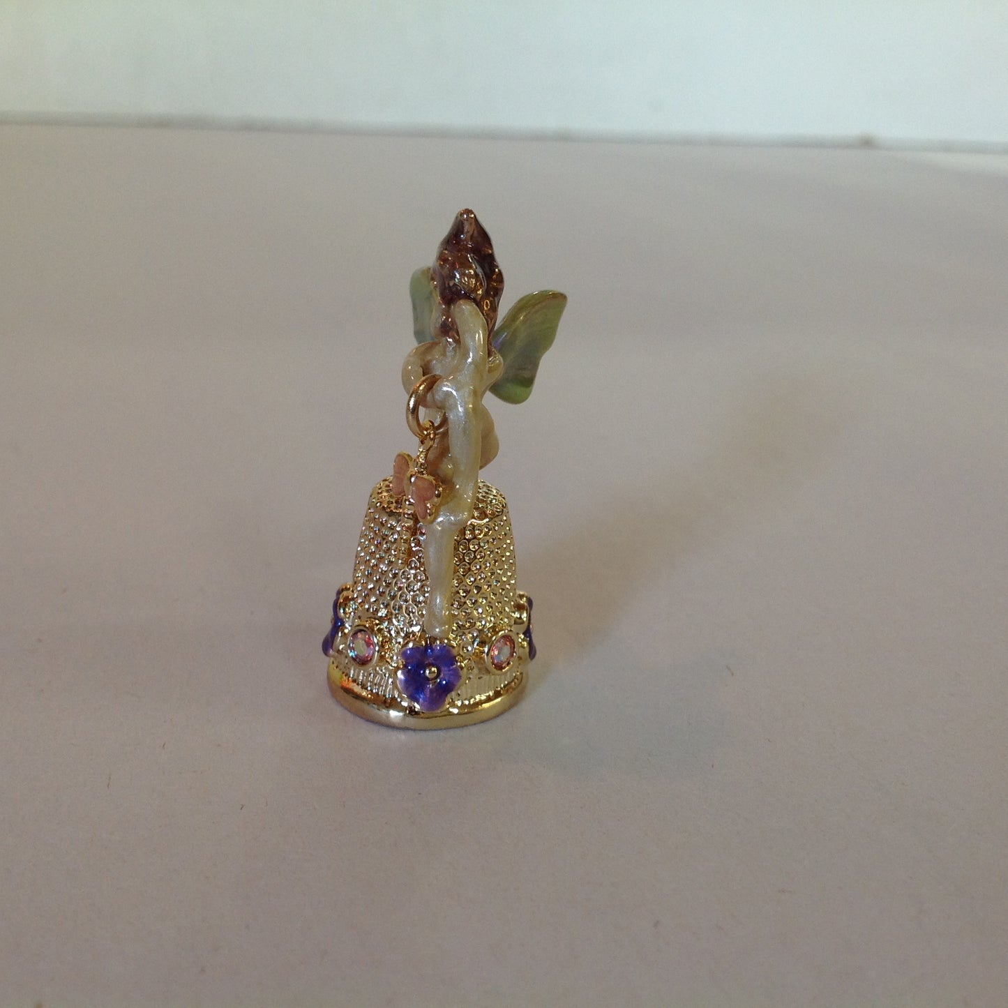 Vintage Kirks Folly Goldtone Enamel Fairy Topped Thimble Violets and Dragonfly with Booklet and Box