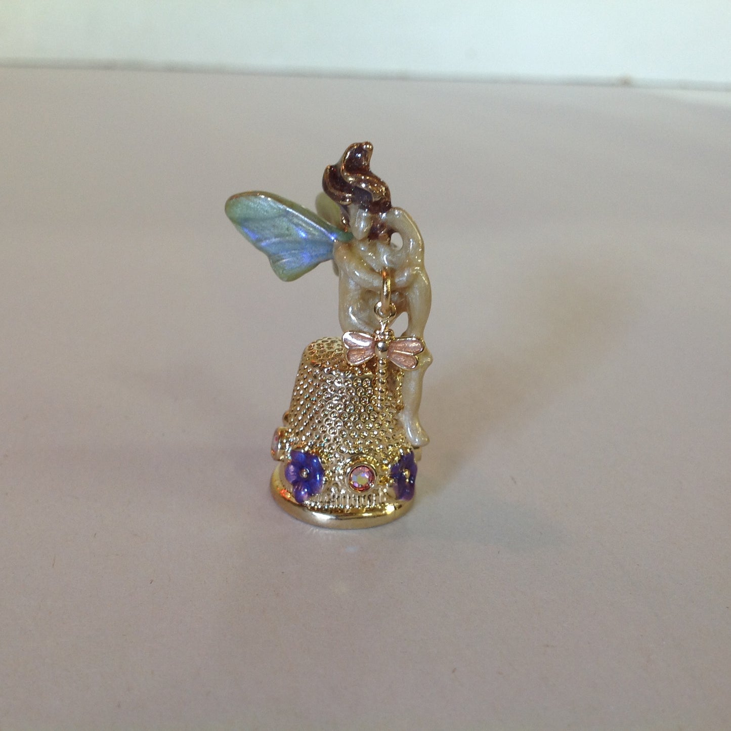 Vintage Kirks Folly Goldtone Enamel Fairy Topped Thimble Violets and Dragonfly with Booklet and Box