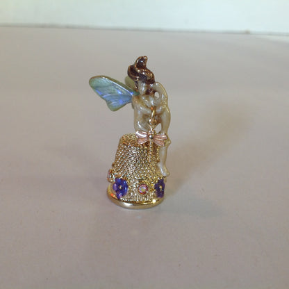 Vintage Kirks Folly Goldtone Enamel Fairy Topped Thimble Violets and Dragonfly with Booklet and Box