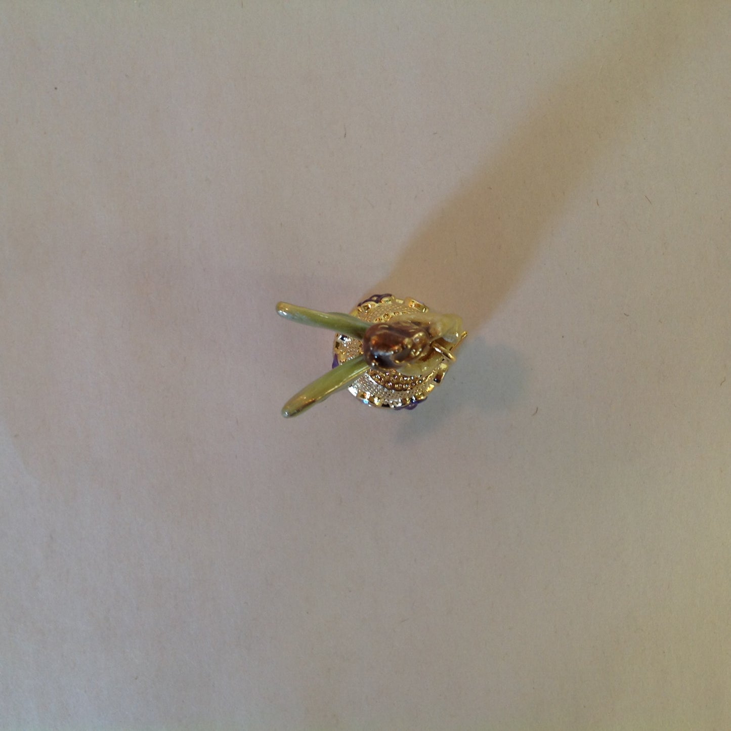 Vintage Kirks Folly Goldtone Enamel Fairy Topped Thimble Violets and Dragonfly with Booklet and Box