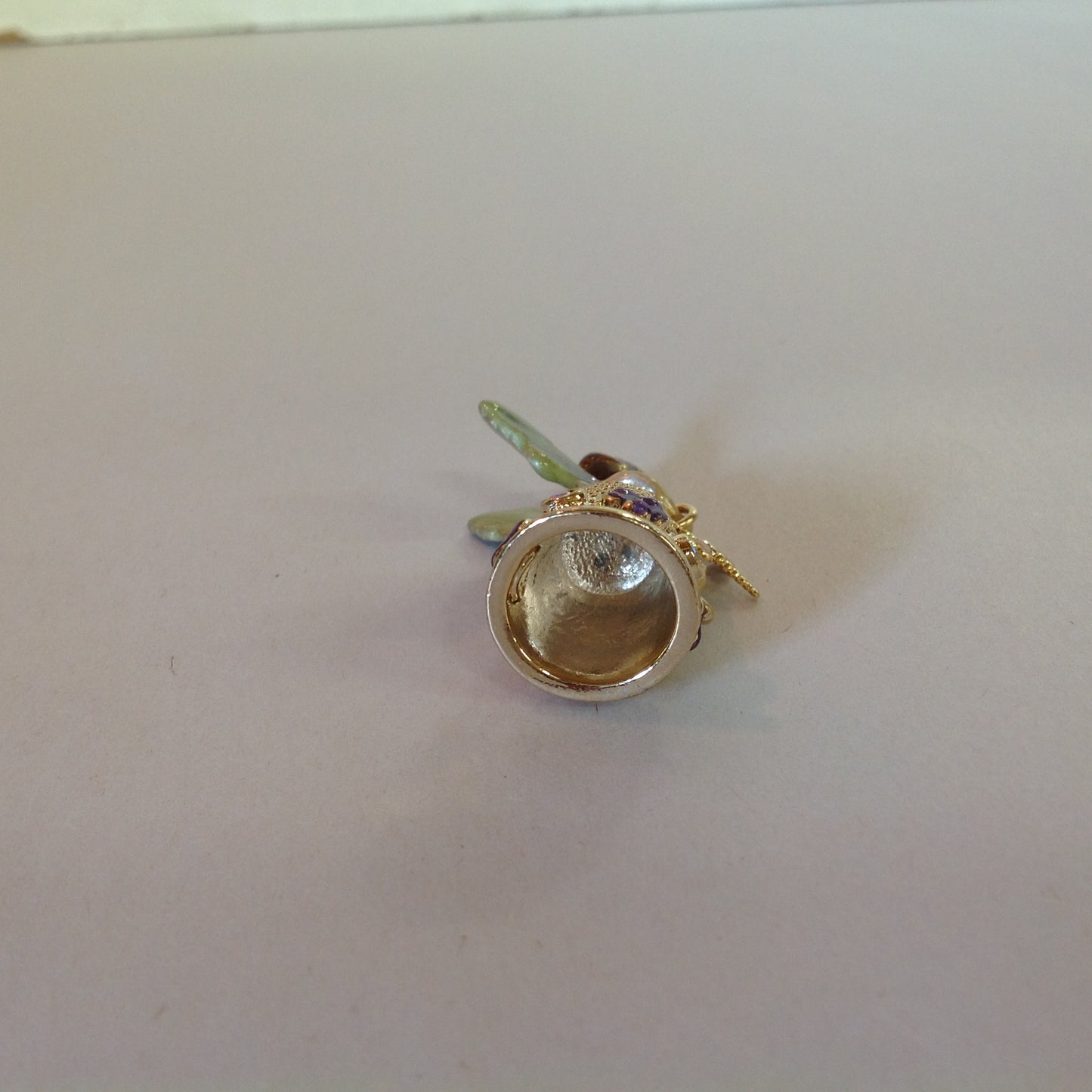 Vintage Kirks Folly Goldtone Enamel Fairy Topped Thimble Violets and Dragonfly with Booklet and Box