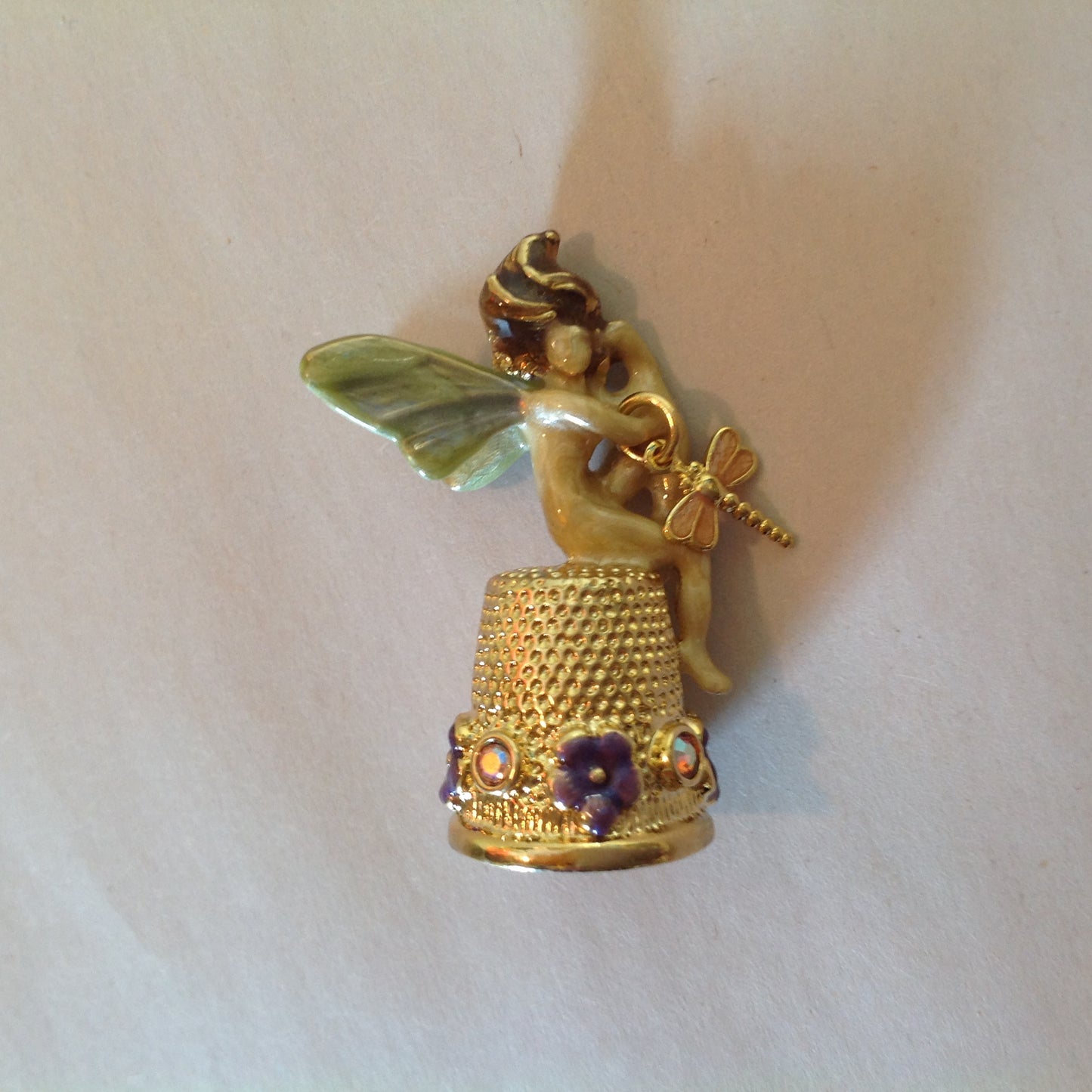 Vintage Kirks Folly Goldtone Enamel Fairy Topped Thimble Violets and Dragonfly with Booklet and Box