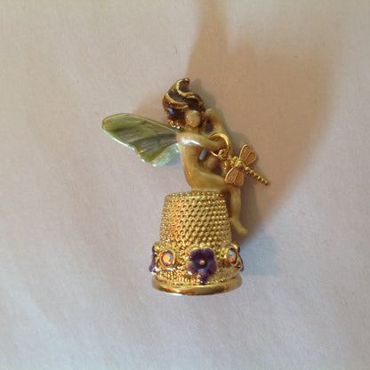 Vintage Kirks Folly Goldtone Enamel Fairy Topped Thimble Violets and Dragonfly with Booklet and Box