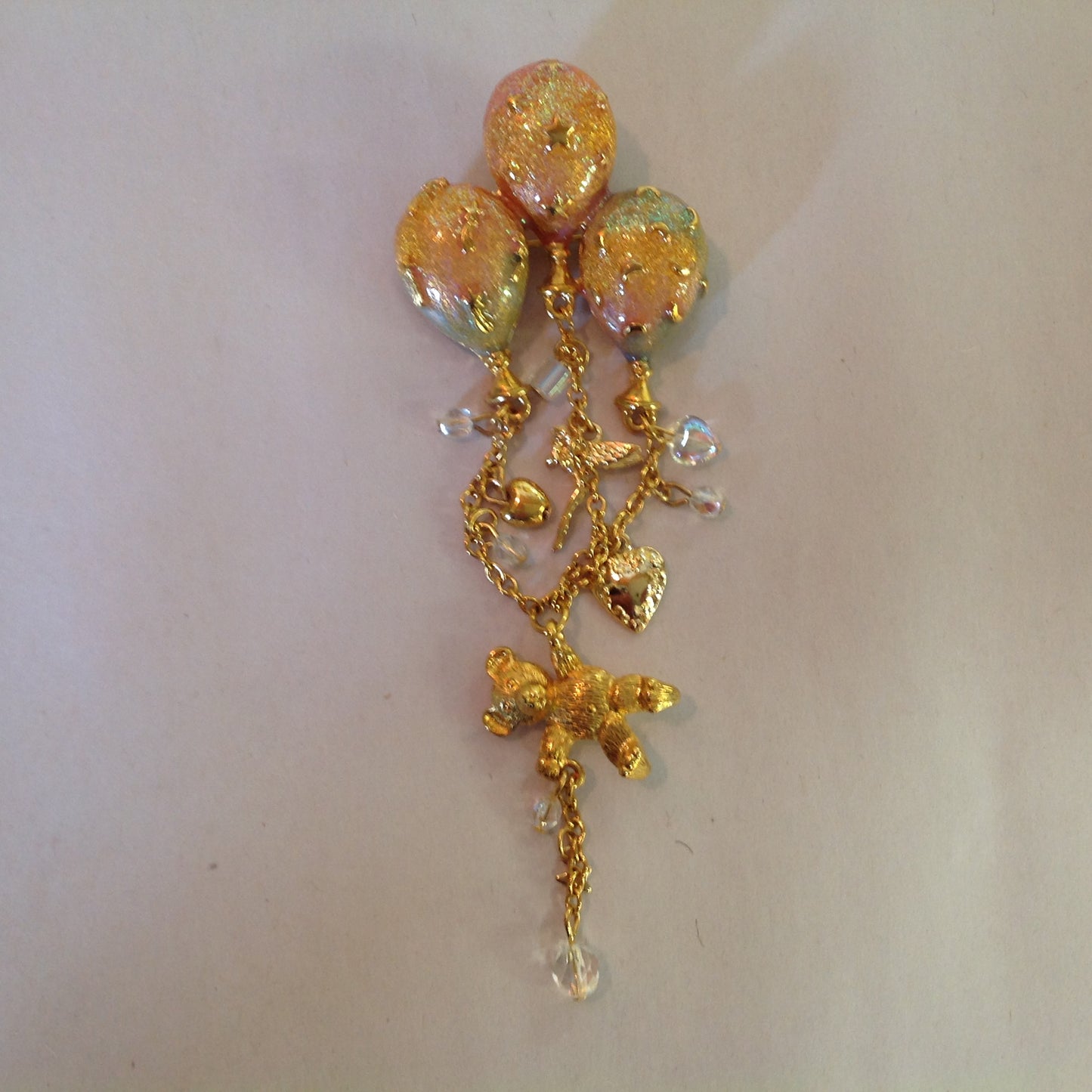Vintage Kirks Folly Goldtone Dangle Brooch Teddy Bear Three Balloon Fairy Iridescent Charm with Box