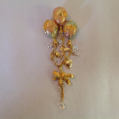 Vintage Kirks Folly Goldtone Dangle Brooch Teddy Bear Three Balloon Fairy Iridescent Charm with Box