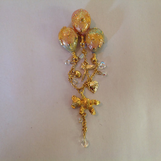 Vintage Kirks Folly Goldtone Dangle Brooch Teddy Bear Three Balloon Fairy Iridescent Charm with Box