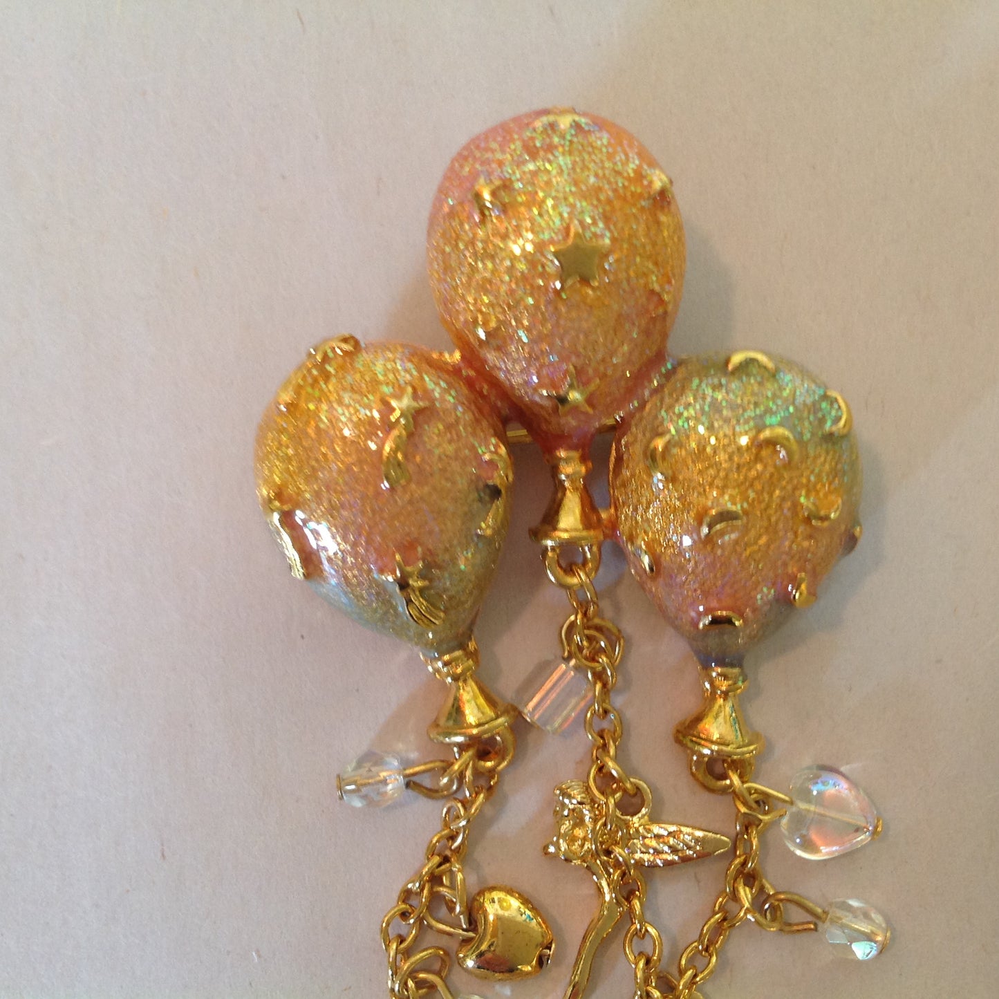Vintage Kirks Folly Goldtone Dangle Brooch Teddy Bear Three Balloon Fairy Iridescent Charm with Box