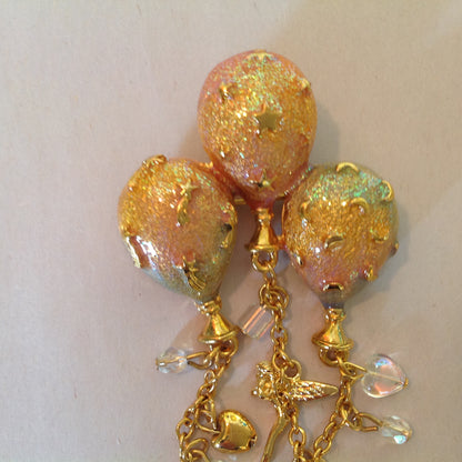 Vintage Kirks Folly Goldtone Dangle Brooch Teddy Bear Three Balloon Fairy Iridescent Charm with Box