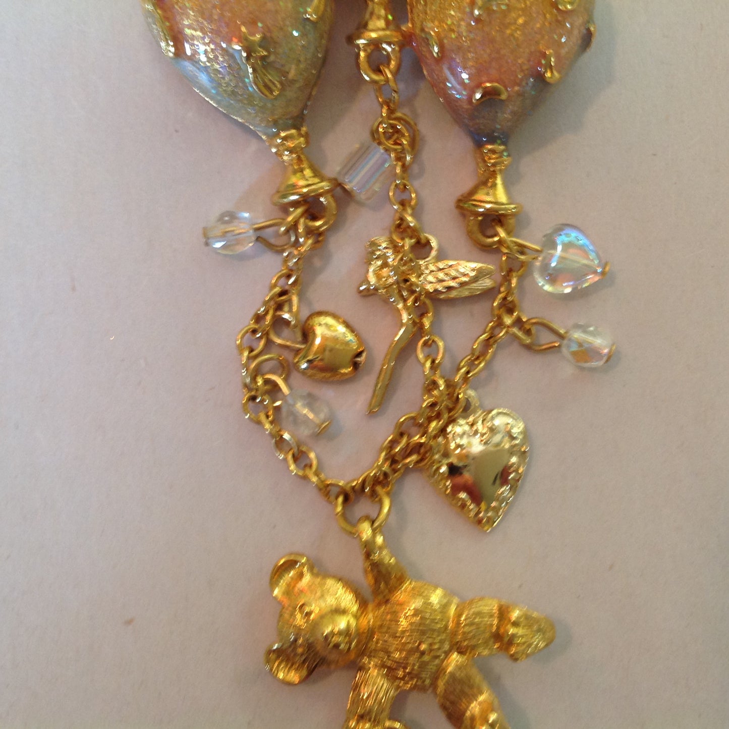 Vintage Kirks Folly Goldtone Dangle Brooch Teddy Bear Three Balloon Fairy Iridescent Charm with Box