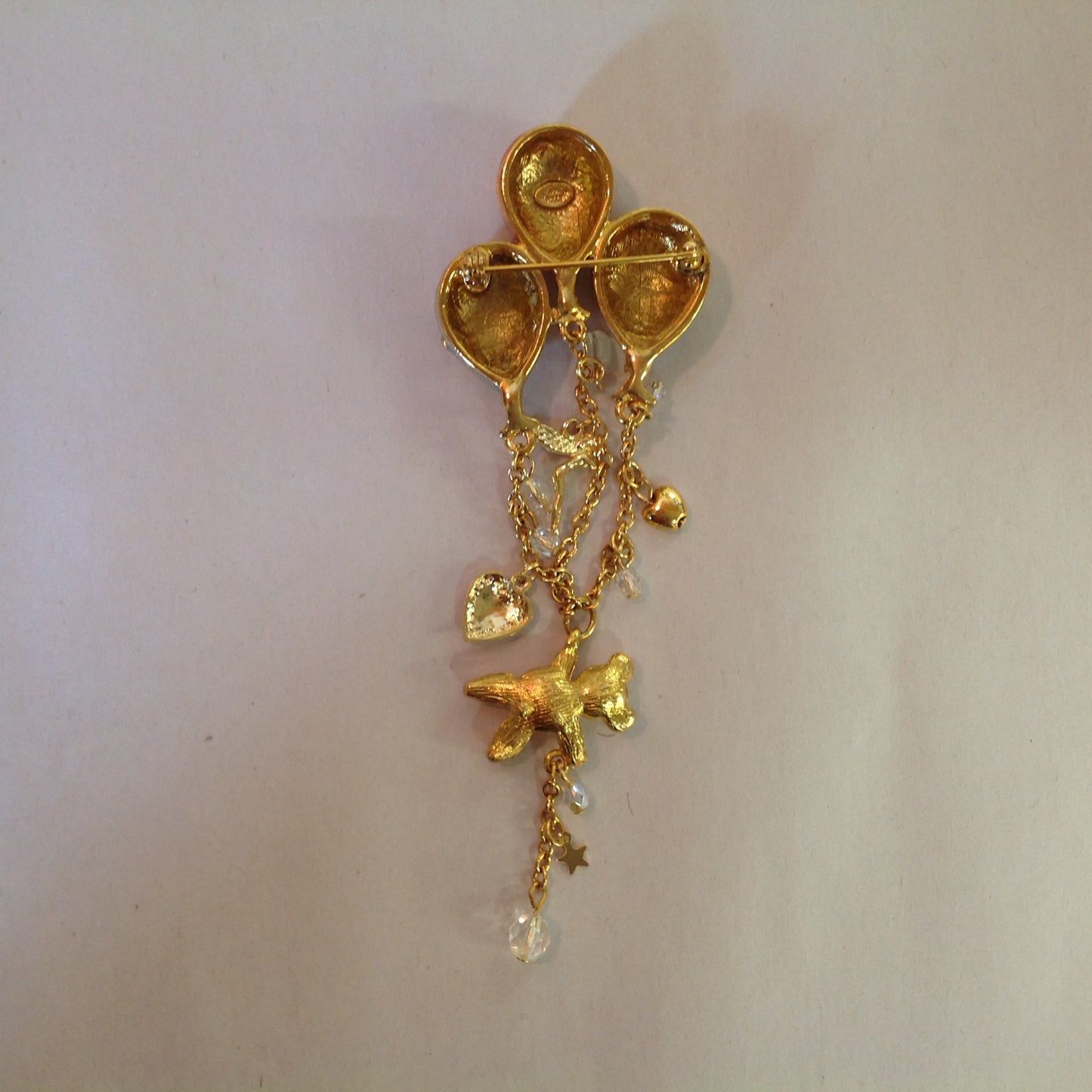 Vintage Kirks Folly Goldtone Dangle Brooch Teddy Bear Three Balloon Fairy Iridescent Charm with Box