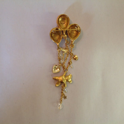 Vintage Kirks Folly Goldtone Dangle Brooch Teddy Bear Three Balloon Fairy Iridescent Charm with Box