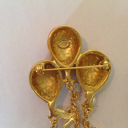 Vintage Kirks Folly Goldtone Dangle Brooch Teddy Bear Three Balloon Fairy Iridescent Charm with Box