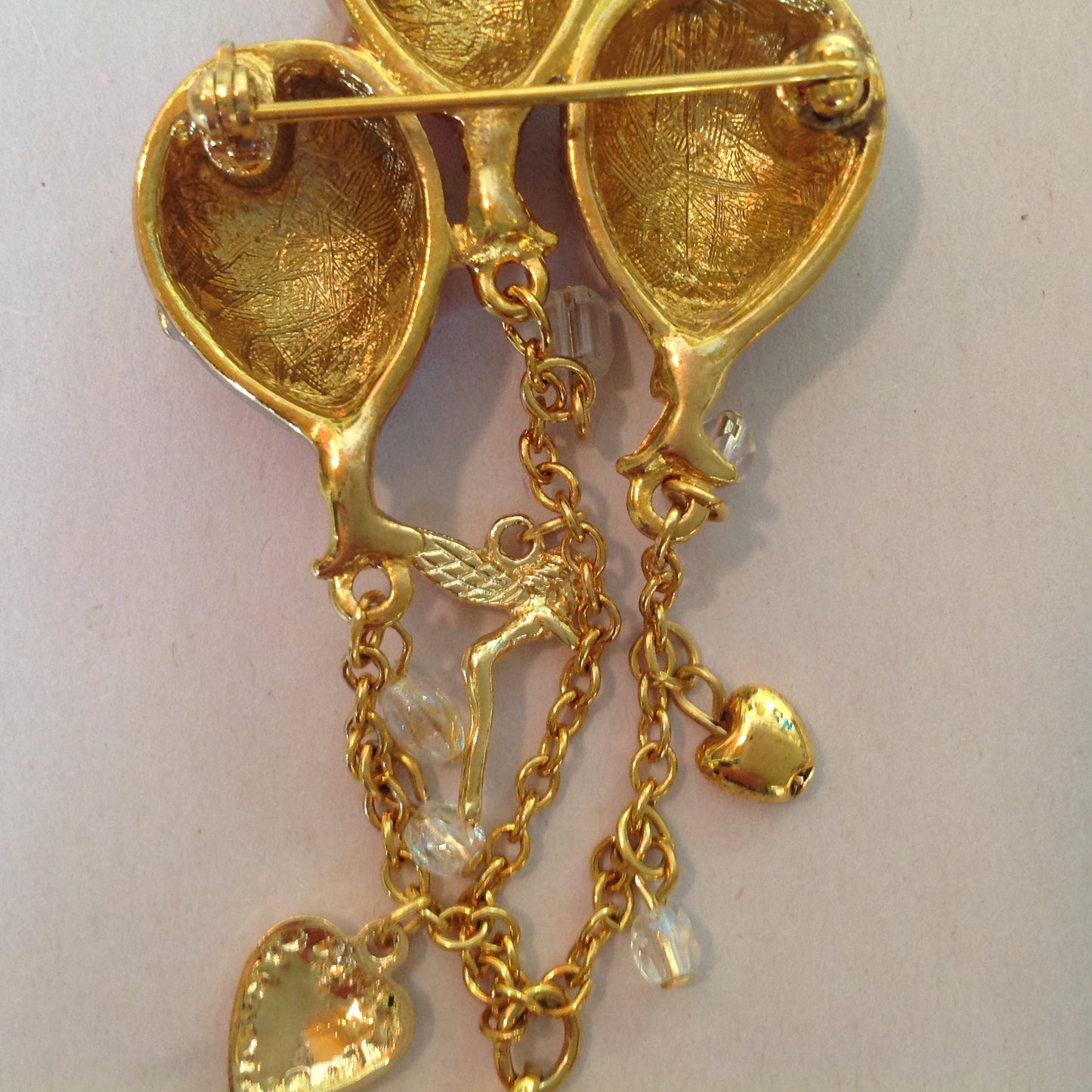 Vintage Kirks Folly Goldtone Dangle Brooch Teddy Bear Three Balloon Fairy Iridescent Charm with Box