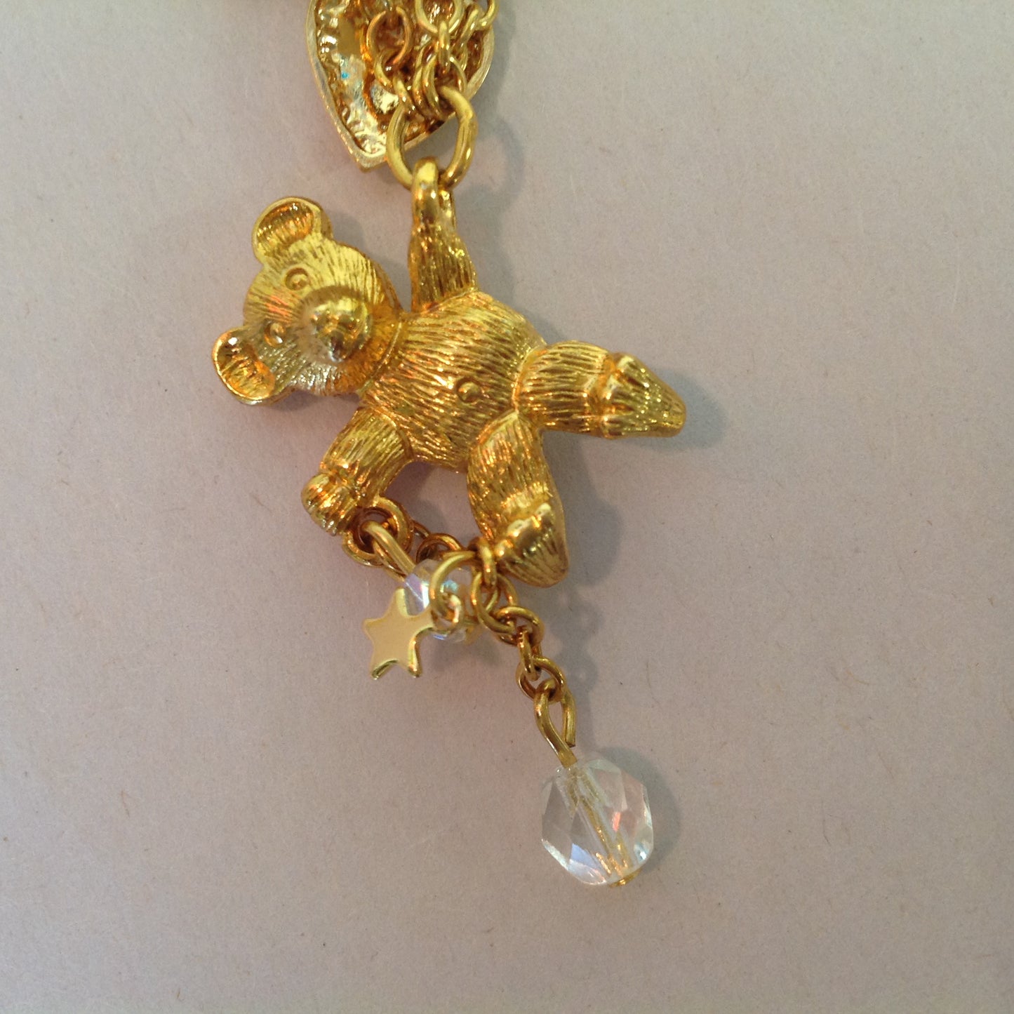 Vintage Kirks Folly Goldtone Dangle Brooch Teddy Bear Three Balloon Fairy Iridescent Charm with Box