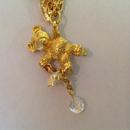 Vintage Kirks Folly Goldtone Dangle Brooch Teddy Bear Three Balloon Fairy Iridescent Charm with Box