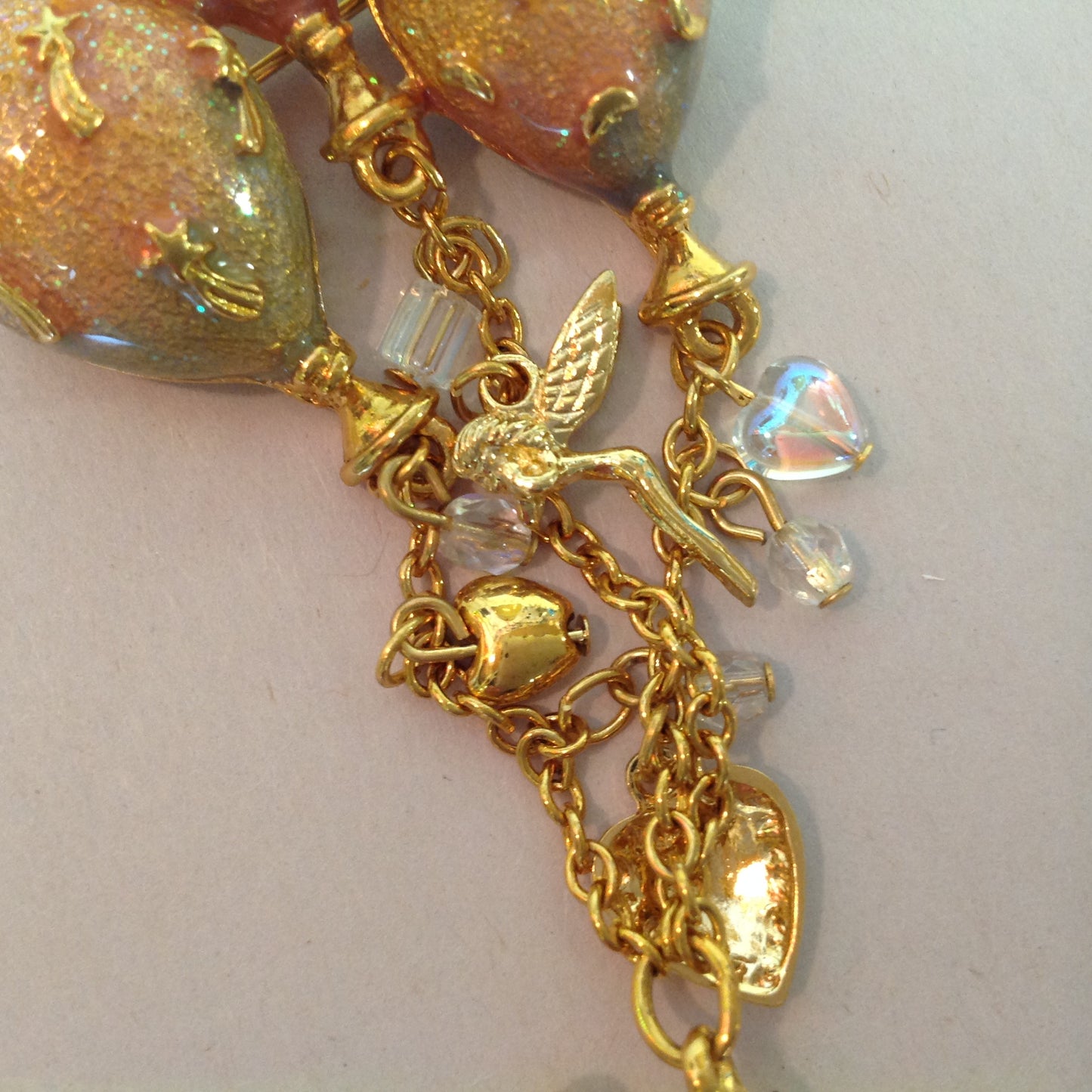 Vintage Kirks Folly Goldtone Dangle Brooch Teddy Bear Three Balloon Fairy Iridescent Charm with Box