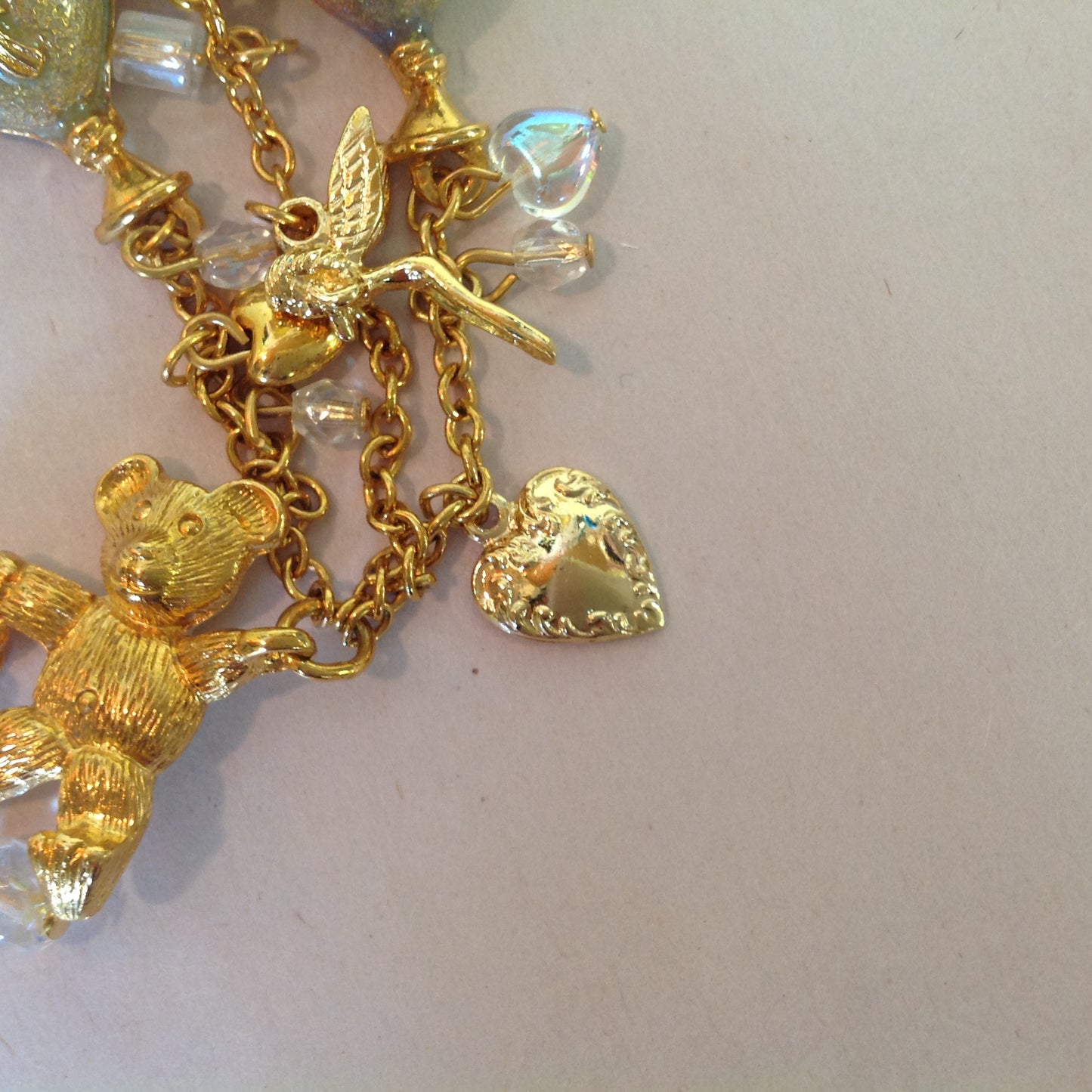 Vintage Kirks Folly Goldtone Dangle Brooch Teddy Bear Three Balloon Fairy Iridescent Charm with Box